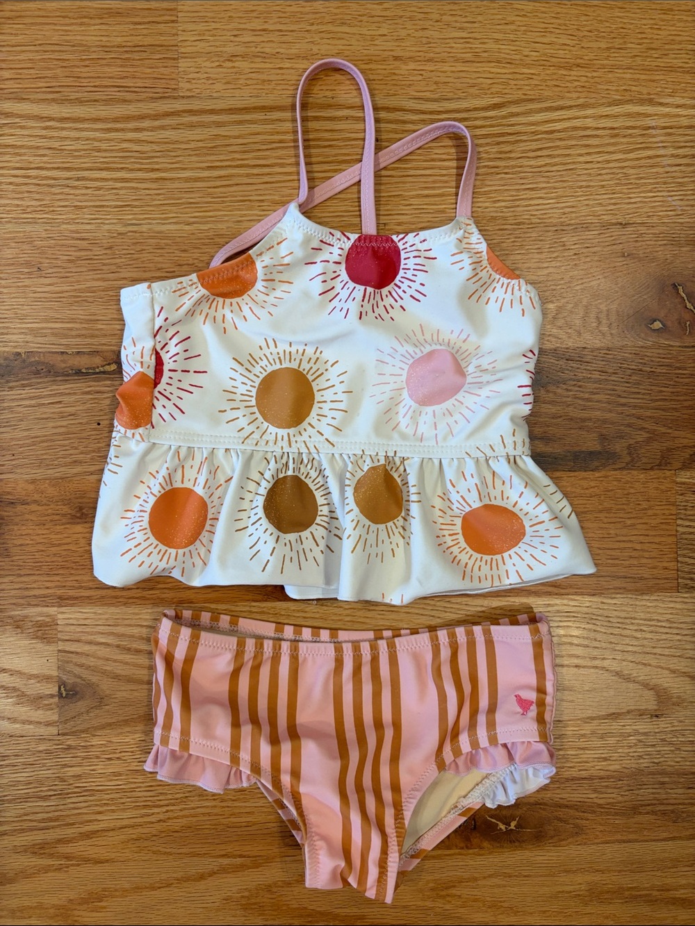 Pink Chicken Girls Two-Piece Sun Print Swim Set in Cream, Pink & Mustard